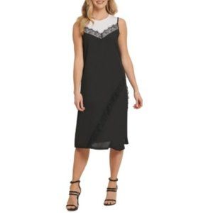 NWT DKNY Womens Mixed Media Fringed MIDI Dress White/Black Size L $100  V0083